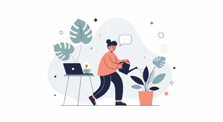 Person tending to plants at desk with laptop and lightbulb