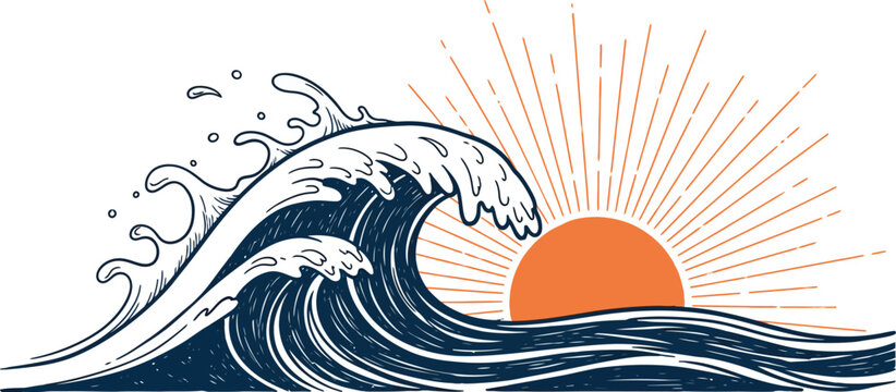 Dynamic ocean wave and setting sun vector illustration, ideal for retro surf designs and adventurous themes
