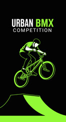 Fototapeta premium Dynamic Urban BMX Competition Illustration Featuring Rider Performing A Stunt in Night Scene
