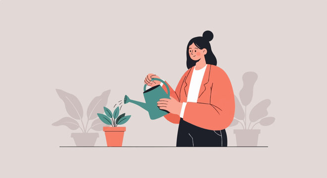 Woman watering a potted plant with a watering can, surrounded by other plants