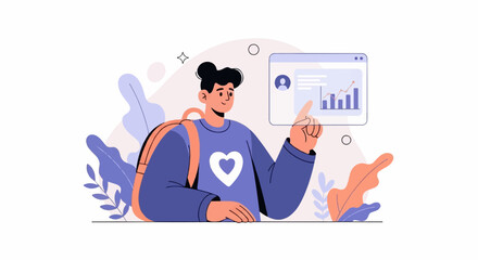 Person with backpack points at data on a screen