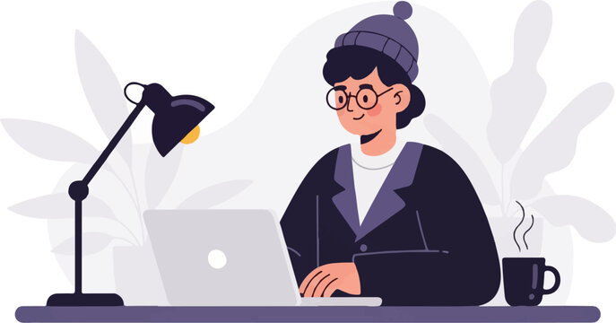 A person in a hat and glasses works on a laptop, with a lamp and coffee