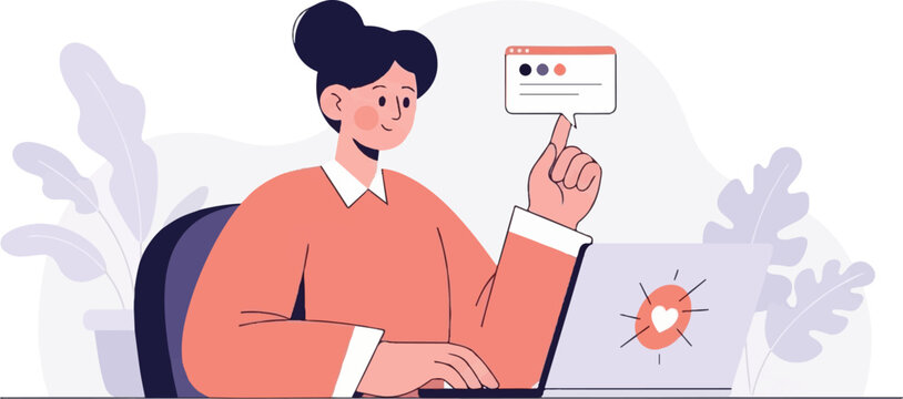 Person at laptop with plant and chat bubble