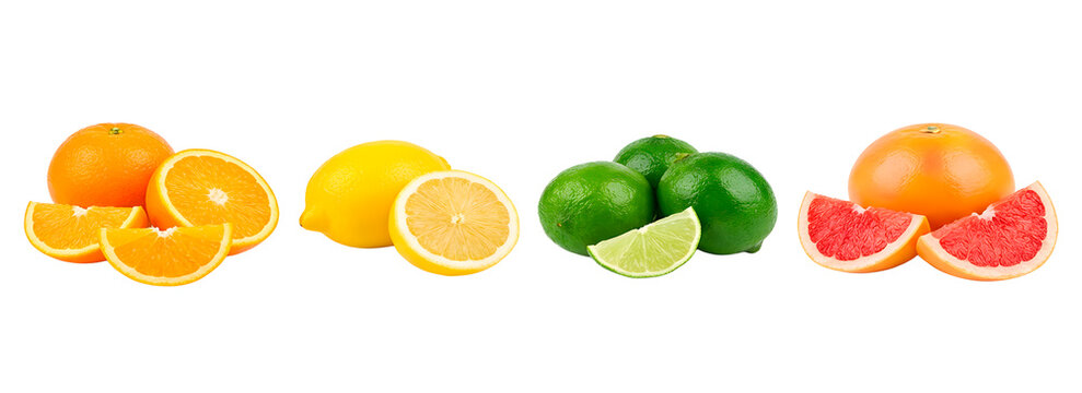 A colorful arrangement of various citrus fruits including oranges, lemons, limes and grapefruits. Showing fresh produce in detail