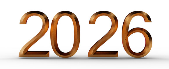 3D render of the year 2026, gold texture, isolated on white background, suitable for new year celebrations.