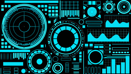 Obraz premium Abstract digital interface with glowing blue geometric shapes on black