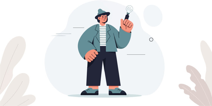 A person wearing a hat and jacket holds a lightbulb, symbolizing an idea