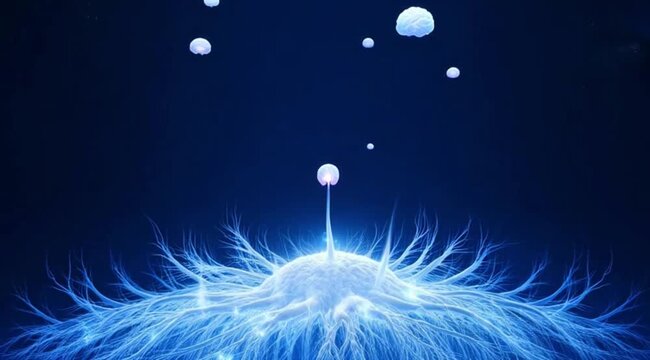A futuristic animation showing brain-like structures growing from a neural network of glowing fibers. Represents artificial intelligence, neuroscience, and the birth of creative ideas in a deep blue