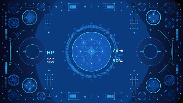 Futuristic user interface display with health points and circular visual elements