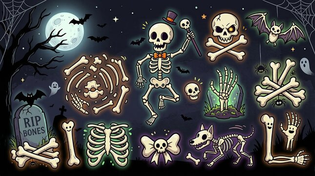 halloween bone clipart, spooky bone illustration, cartoon style