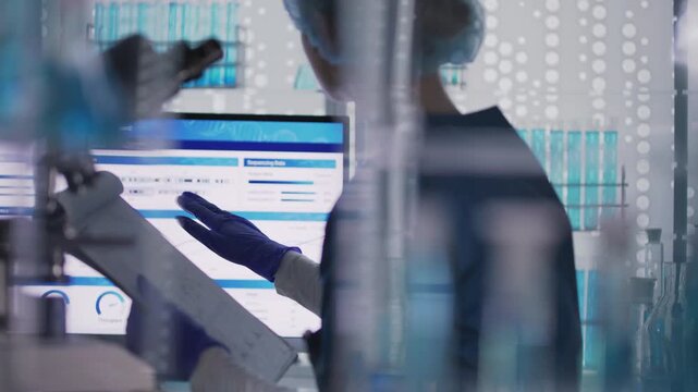 Female scientist in protective wear working in a research laboratory. Analyzing the test results on a display screen
