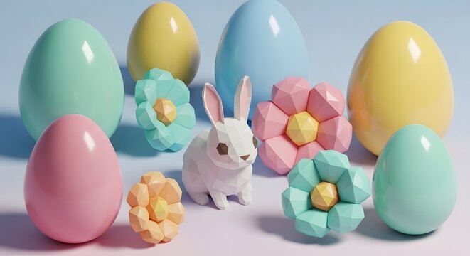 Pastel Easter eggs, low poly rabbit, and geometric spring flowers in a minimalist 3D render, perfect for holiday greetings and seasonal designs.