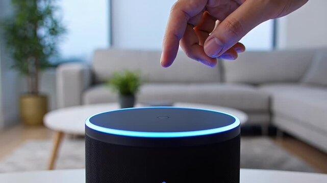 ?Hand activation of smart speaker in modern living room setting
