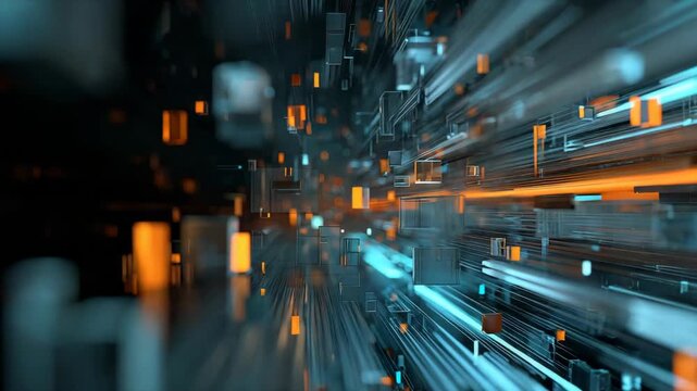 Futuristic abstract technology digital data network cube glowing orange blue motion speed cyber virtual 3D background with dynamic scene of digital data streams, glowing cubes, lines, and geometric