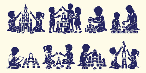 Children playing with building blocks silhouette, kids education and play pattern, childhood development and creativity vector, little boy and girl playing, kindergarten playroom activity background a © Geetaroy