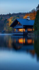 Obraz premium Lakeside house with warm lights reflecting on calm water