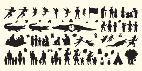 Fantasy fairy tale and adventure silhouettes, mythical creatures and magic pattern, Peter Pan and crocodile vector, dreamland adventure story background art, mystical fairies and folklore silhouettes, © Geetaroy