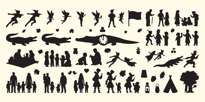 Fantasy fairy tale and adventure silhouettes, mythical creatures and magic pattern, Peter Pan and crocodile vector, dreamland adventure story background art, mystical fairies and folklore silhouettes,