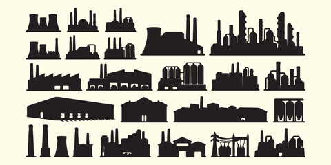 Obraz premium Industrial factory warehouse silhouettes, manufacturing plant urban landscape pattern, industrial building skyline vector art, smoke stack factory silhouette background, logistics and manufacturing fa