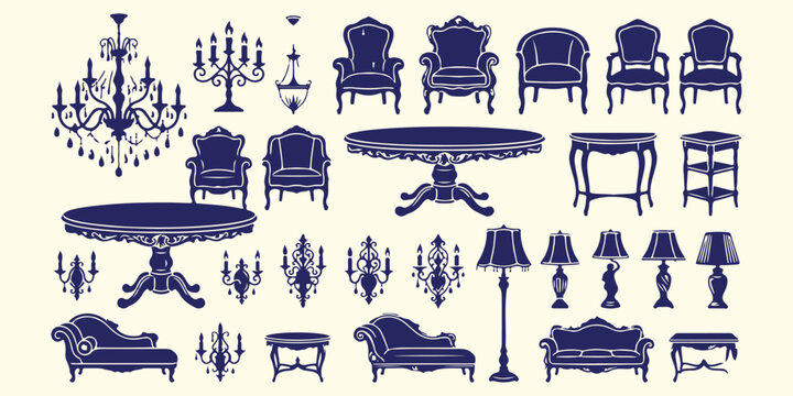 Vintage luxury furniture silhouettes, antique home decor interior pattern, classical royal furniture vector art, baroque style armchair and chandelier, elegant interior design element background, vict