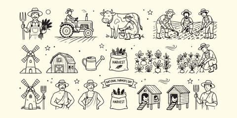 Organic farm and agriculture life, hand drawn farmer and tractor, fresh vegetables and cows sketch, farm harvest and livestock vector, rural country life garden art, agricultural farming and barn dood © Geetaroy