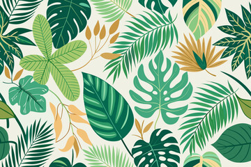 Fototapeta premium A beautiful seamless vector illustration featuring an assortment of lush tropical leaves and exotic plants creating a vibrant decorative pattern design perfect for summer backgrounds.