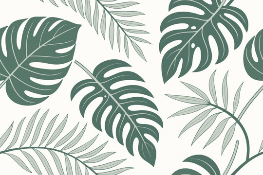 A captivating seamless vector illustration of lush tropical foliage featuring monstera and palm leaves, creating an elegant natural graphic design background.