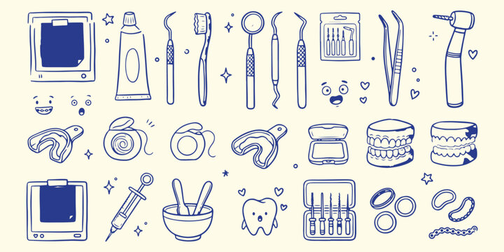 Dental care and hygiene icons, dentist tools and toothbrush sketch, healthy smile and tooth doodle, professional dental clinic equipment vector, oral hygiene and teeth cleaning, dental medicine and he