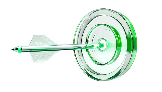 Shiny, green-tinted dart has just hit the center of a glassy target on a black background