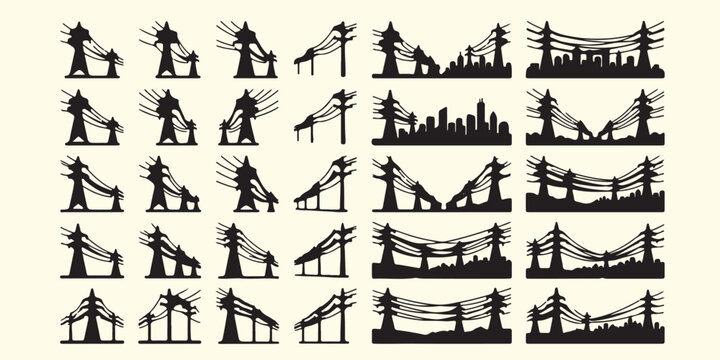 High voltage power line silhouettes, industrial electricity pylon pattern art, electrical energy infrastructure vector, power plant and grid background, industrial utility power line silhouette, globa