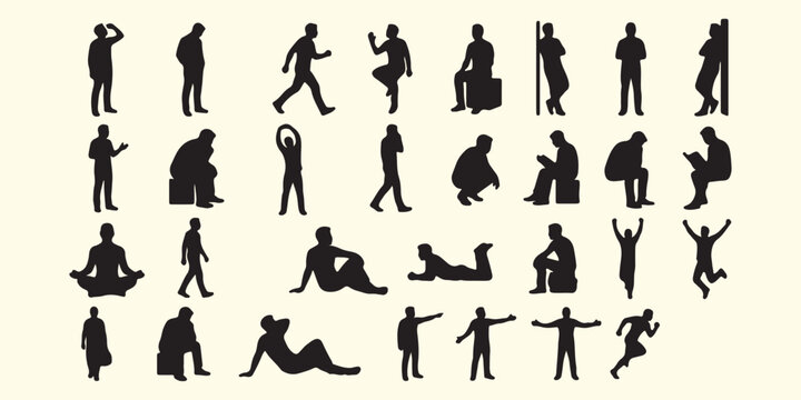 human pose silhouettes, people action icons, body movement set, fitness pose vector, character clipart collection, person silhouette bundle, action illustration