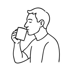 Dibujo sencillo con líneas de un hombre con camiseta de manga corta de pie bebiendo una taza de café © teracreonte