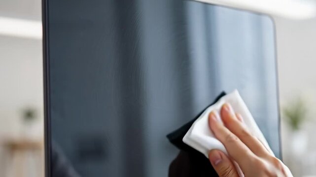 ?Cleaning mirror with cloth closeup: hand wiping for a spotless shine