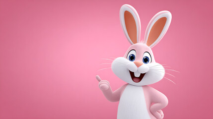 Obraz premium Cute cartoon bunny smiling and waving on a pink background. Perfect for Easter, children's content, and greeting cards. 