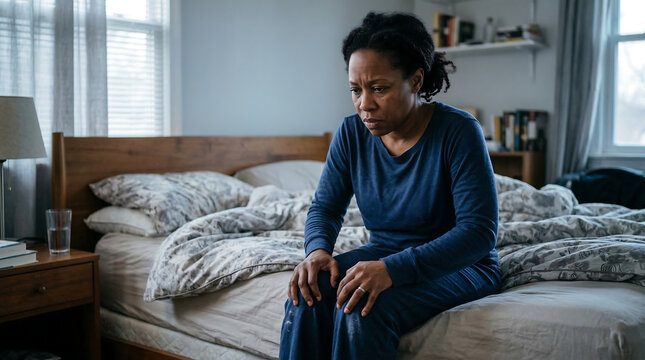 Black woman with fibromyalgia sitting on bed edge pressing both hands to knees bracing herself for morning pain, authentic fibromyalgia morning stiffness daily life reality, early morning light