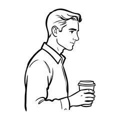 Dibujo sencillo con líneas de un hombre con camisa de manga larga de pie sujetando un vaso de papel con café en la mano © teracreonte