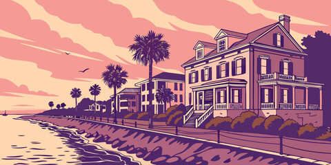 Naklejka premium USA, US, U.S, United States - Charleston Pastel Historic Houses at Sunset – Southern Coastal Charm and Scenic Lowcountry Panorama in the United States