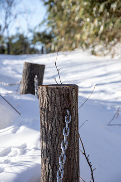 冬の遊歩道を縁取る雪と木の杭とチェーン