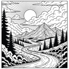Fototapeta premium Serene mountain landscape with silhouette of trees and winding road at sunset