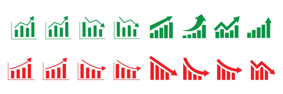 Stock market trend up and down arrows, financial graphs, and business investment growth and loss arrow, graph going up and down symbol with green and red arrows, vector illustration