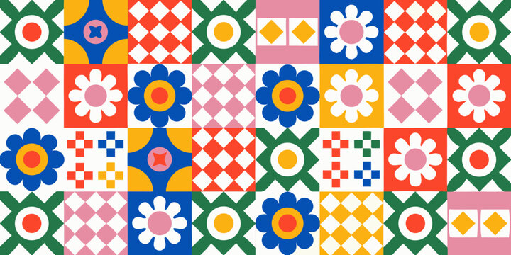 A vibrant colorful patchwork of geometric shapes and floral motifs