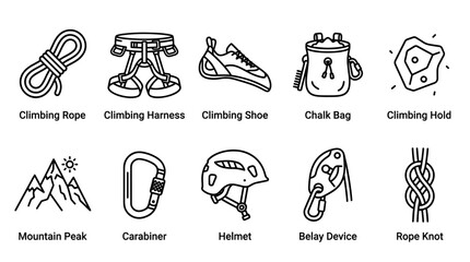 Fototapeta premium A clean, modern icon set illustrating essential climbing gear and mountain sports elements on a white background.
