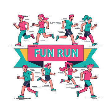 Energetic Runners Celebrating a Lively Fun Run Event, Dynamic Illustration on White Background