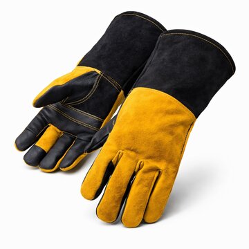 Pair of yellow and black welding gloves isolated on white background