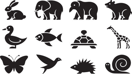Collection of twelve diverse stylized animal silhouette icons displayed in a grid format isolated on transparent background © Mahamuda