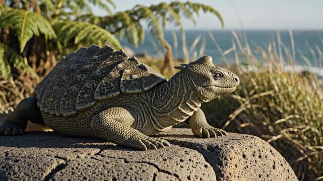 Ancient Tuatara Reptile Basking on Sun-Warmed New Zealand Rock