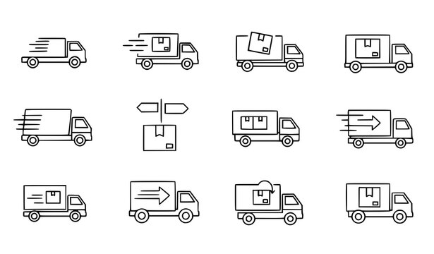 Delivery truck line icons fast shipping logistics vector collection