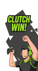 Naklejka premium Enthusiastic Gamer Celebrating a Victory, Holding Controller, Wearing Headset, Clutch Win Graphic