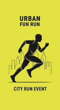 Energetic Urban Fun Run Event Illustration Featuring a Silhouette Runner and City Skyline