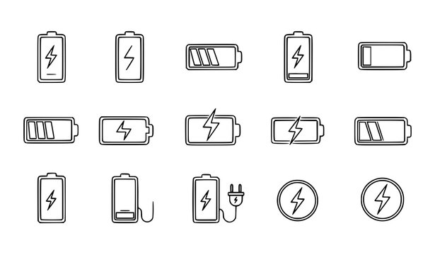 Battery charging icon set power level outline symbols vector collection